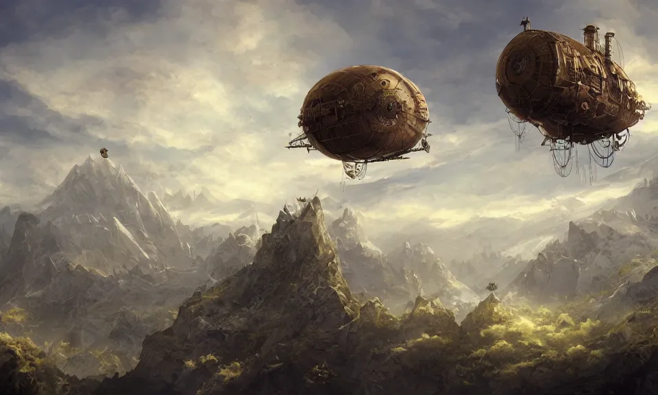 Image similar to steampunk airship over mountains, digital art, concept art, fantasy art, highly detailed, hd wallpaper, artstation, deviantart, behance