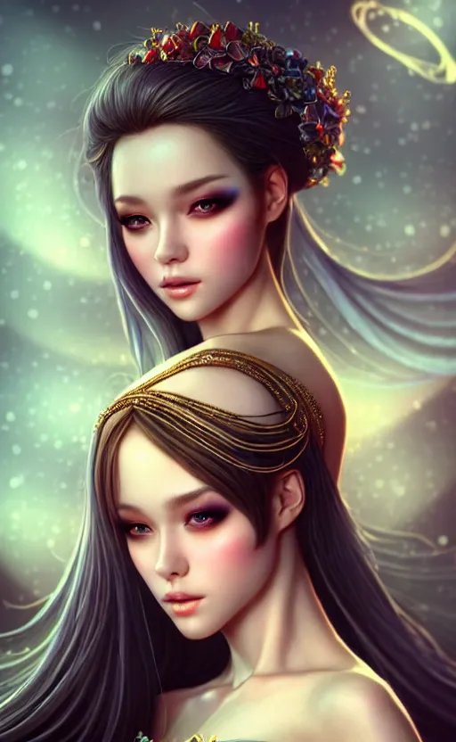 Image similar to a fantasy photo of gorgeous russian female, evening gown, bokeh, medium shot, beautiful face, professionally retouched, soft lighting, realistic, smooth face, perfect eyes, sharp focus, 8 k realistic high definition, insanely detailed, intricate, elegant, art by artgerm and kyoung hwan kim