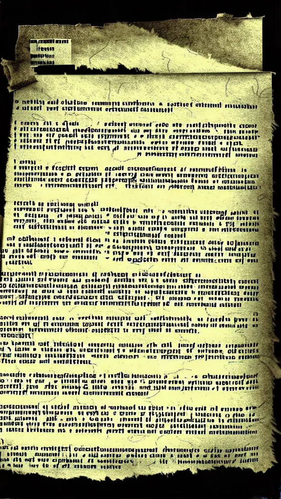 Prompt: a photograph of a classified document detailing a ritual to summon an elder god. There are text readouts and diagrams detailing measurements of energy levels and danger curves and blocks of text that have been redacted. The photograph was taken in a hurry with motion blur and flash on a plastic surface photorealistic sharpened x-files fringe mystery sci-fi cinematic detailed texture hyperdetailed text CIA agency government seal redacted continuous feed paper