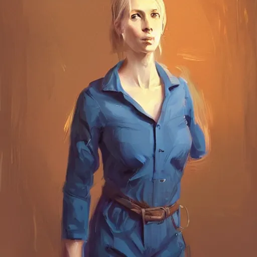 Image similar to Portrait of a woman by Greg Rutkowski, she is about 30 years old, pretty, blond hair with two strans around her face, slavic features, melancholic gaze, pretty aquiline nose, she is wearing a blue utilitarian jumpsuit, highly detailed portrait, digital painting, artstation, concept art, smooth, sharp foccus ilustration, Artstation HQ.