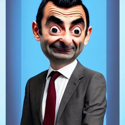 Image similar to Poster for the 2022 Mr. Bean CGI Animated Movie, Mr. Bean's head and body peaking out of the right side of the screen, Mr. Bean has a smug expression on his face, highly detailed, very detailed, extremely detailed, detailed, digital art, trending on artstation, CGI, 3D