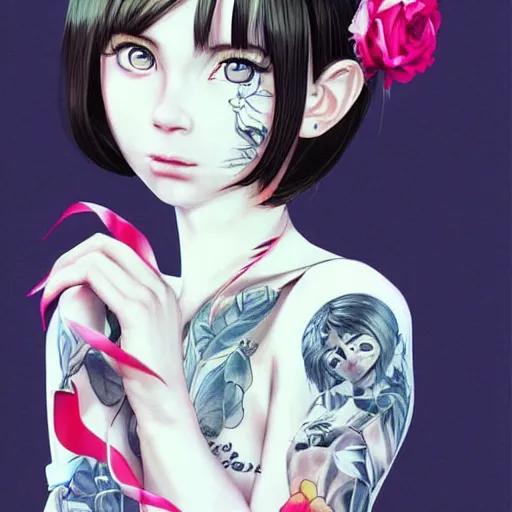 Prompt: tattooed little girl wearing an white dress. art by ilya kuvshinov, profile picture, inspired by hirohiko araki, highly detailed, 8 0 s anime art style, realistic, vogue cover