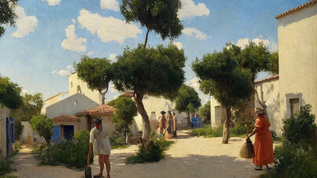 Image similar to a beautiful extremely complex painting of a street in a mediterranean village in summer by peter ilsted, whitewashed housed, tall cypress trees, blue shutters on windows, elderly woman sweeping the ground with a broom, national gallery of art highlights