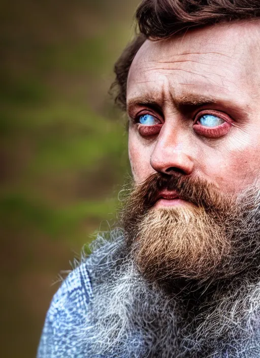 Image similar to photorealistic portrait photograph of forsen looking at you, twitch tv, hobo, long beard, depth of field, soft focus, highly detailed, intricate, realistic, national geographic cover, soft glow, textured skin