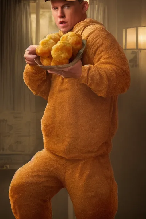 Image similar to channing tatum wearing a tater tot costume, oil on canvas, intricate, 8 k highly professionally detailed, hdr, cgsociety