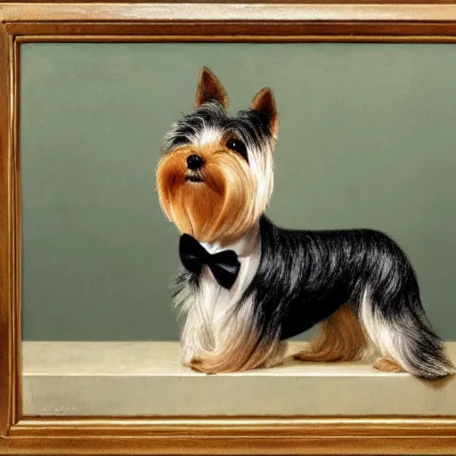 Image similar to a Yorkshire terrier wearing a black bow tie on a yacht, extremely detailed masterpiece, illustration, by Michael Sowa,