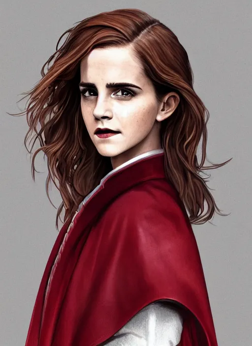 Prompt: a highly detailed illustration of emma watson as a long dark red haired wearing wine red epaulette uniform and coat cape, dramatic smiling pose, perfect face, intricate, elegant, highly detailed, centered, digital painting, artstation, concept art, smooth, sharp focus, league of legends concept art, wlop