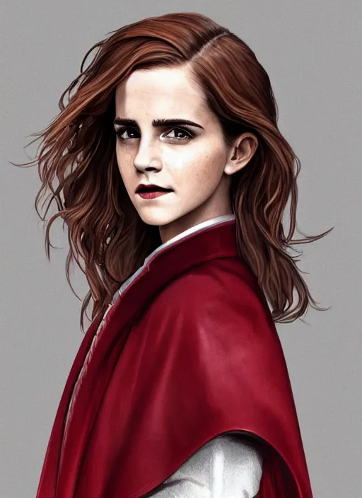 Image similar to a highly detailed illustration of emma watson as a long dark red haired wearing wine red epaulette uniform and coat cape, dramatic smiling pose, perfect face, intricate, elegant, highly detailed, centered, digital painting, artstation, concept art, smooth, sharp focus, league of legends concept art, wlop