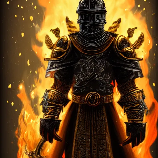 Image similar to the knight of the eternal flame covered in flames wearing detailed gold and black armor like obsidian, dark souls concept art, dramatic lighting, trending on artstation hq, 4 k, uhd