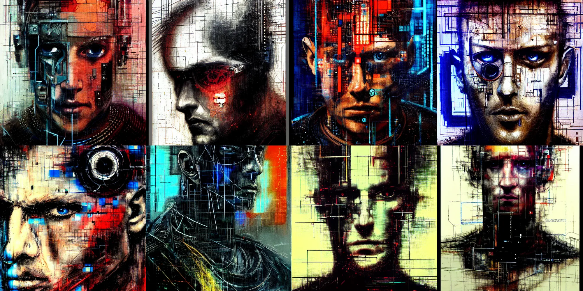 Prompt: phyerrealistic portrait of a cyberpunk man in cyberspace, by Guy Denning, Johannes Itten, Russ Mills, hacking effects, cybernetics, detailed lines, color blocking!, acrylic on canvas, insane detail, intricate, front view, symmetrical, octane, concept art, abstract, artistic, 8k, cinematic, trending on artstation