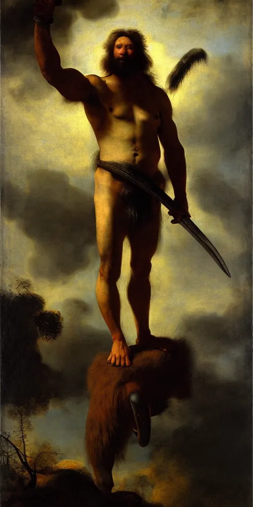 Prompt: muscular oversized proud anonymous animal as barbarian hunter with black chest armor and shiny crimson weapon and anthropomorphic human oversized mutant proportions and very hairy body, backlight body, extreme very textured detailed panoramic portrait oil painting by rembrandt, sunset, dramatic clouds and cyan atmosphere