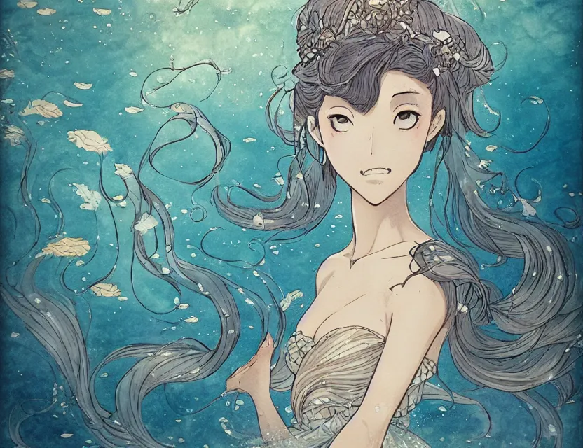 Prompt: princess of the sea at hanami. color ink wash by award - winning mangaka, chiaroscuro, bokeh, backlighting, intricate details