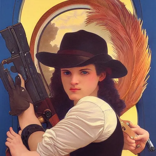 Image similar to a vintage portrait painting of a fantasy male gunslinger, art by tristan eaton and artgerm and william - adolphe bouguereau