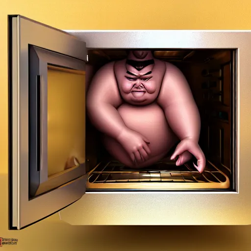 Image similar to 3 d render of a sumo wrestler trapped inside of a microwave