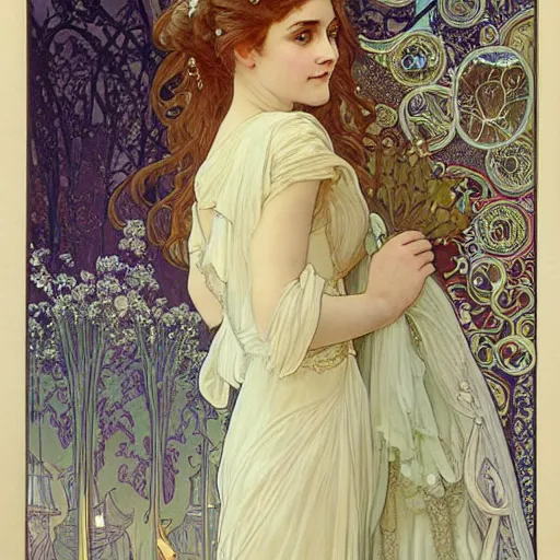 Image similar to a detailed, intricate art nouveau portrait poster of a young bride who resembles a teenage saoirse ronan and emma watson in a white bridal gown, in a garden of fireflies and glowing lanterns at night, by alphonse mucha, and john william waterhouse