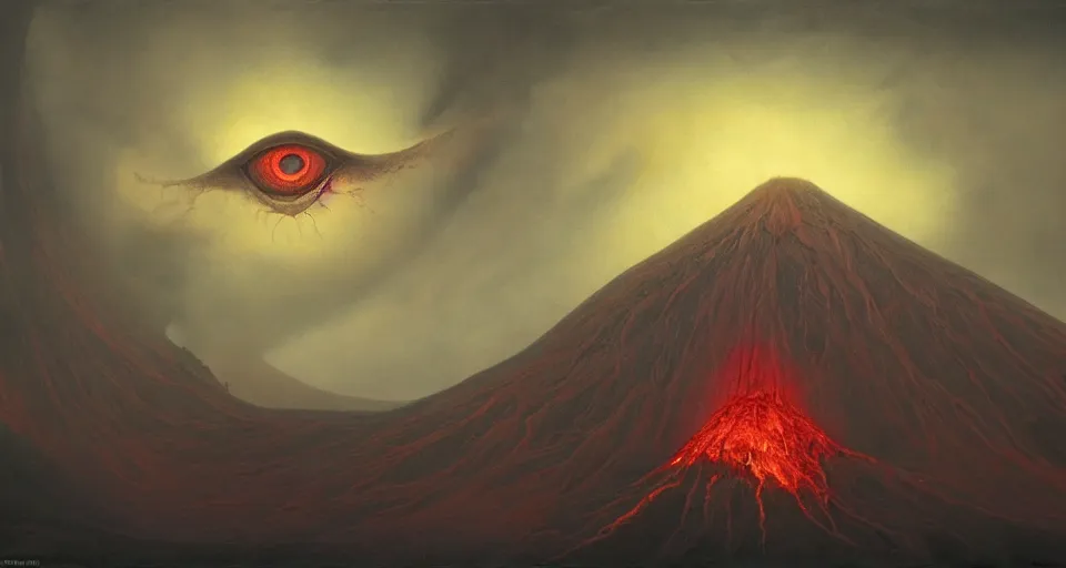 Prompt: a volcano made of ivory vines and crimson rocks enters in eruption, it spits a smoke in the shape of demonic eye, by john howe