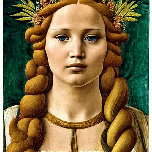 Prompt: jennifer lawrence as the goddess of spring, elegant portrait by sandro botticelli, detailed, symmetrical, intricate