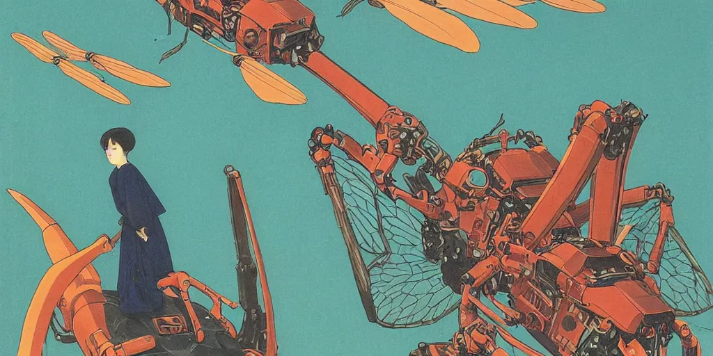 Image similar to gigantic dragonflies with human faces catch tiny robots, a lot of exotic mechas robots around, human heads everywhere, risograph by kawase hasui, edward hopper, satoshi kon and moebius, no text!, colorful flat surreal design, super - detailed, a lot of tiny details, fullshot