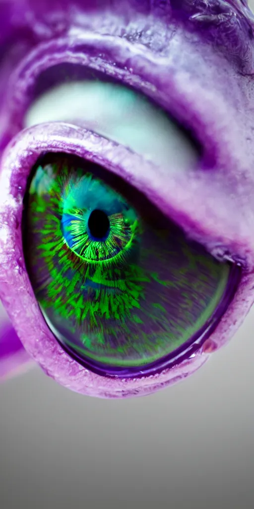 Image similar to macro shot, close-up of a purple squid eye, intricate iris, ultrarealistic, highly detailed, octane render, ray tracing