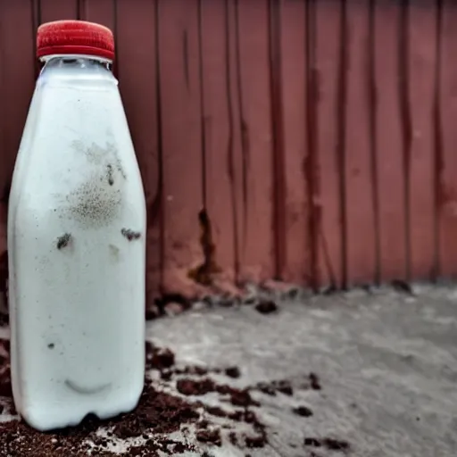 Image similar to dirty bottle of milk and a cow inside rusted slaughterhouse