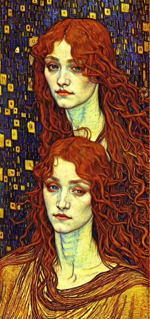 Image similar to detailed realistic beautiful young medieval queen face portrait by jean delville, gustav klimt and vincent van gogh, art nouveau, symbolist, visionary, gothic, pre - raphaelite, muted earthy colors, desaturated