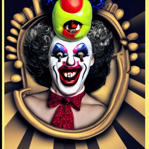 Image similar to a horror clown with evil face + drag queen + self lobotomy