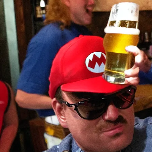 Prompt: super mario chugging a beer and getting drunk at a bar