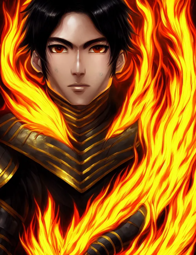 Image similar to a detailed manga portrait of a black haired man with hazel eyes in gleaming golden armour that burns with golden fire, trending on artstation, digital art, 4 k resolution, detailed, high quality, sharp focus, hq artwork, coherent, insane detail, character portrait