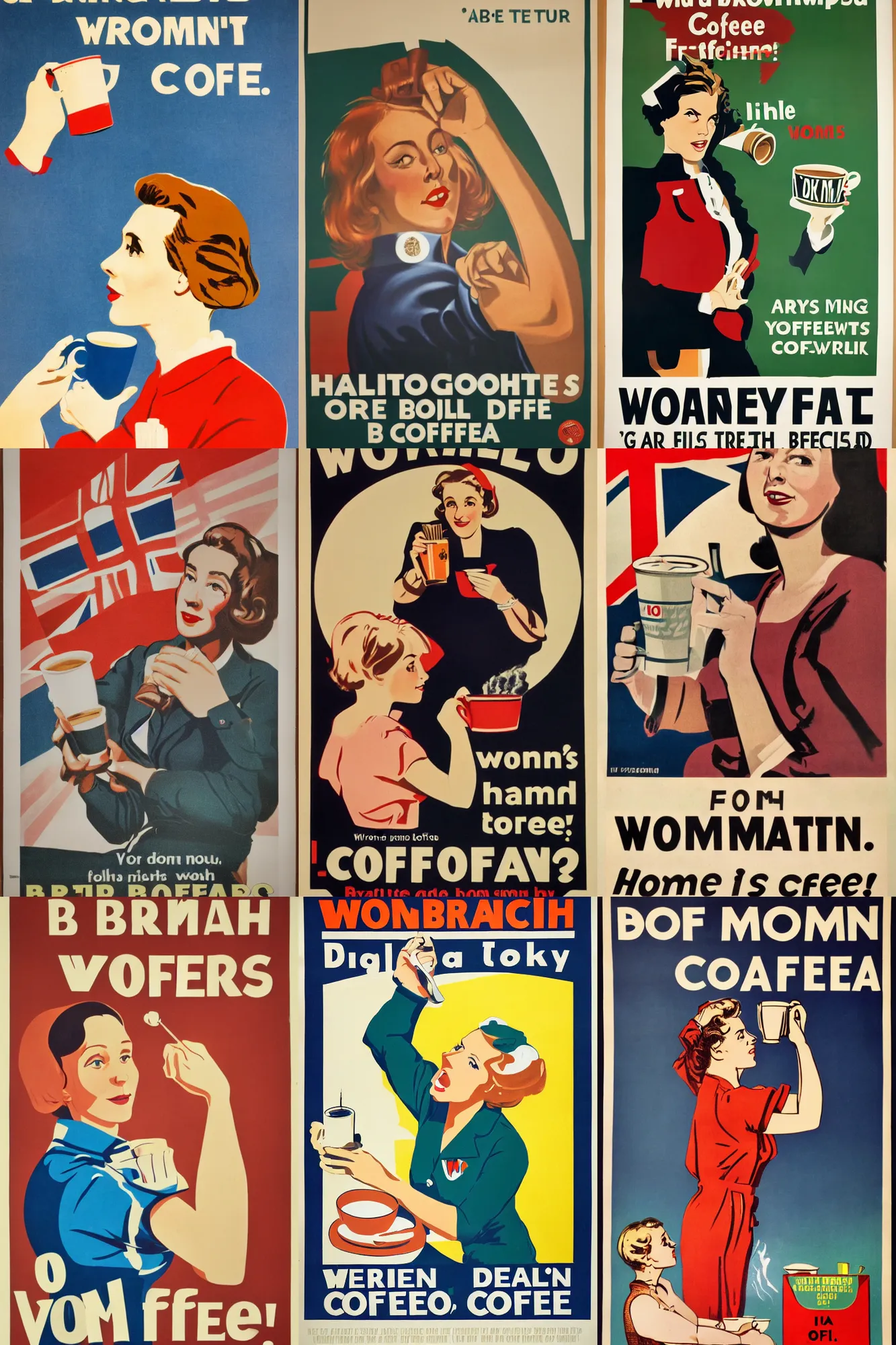 Prompt: british propaganda poster, woman, drink more coffee, roll sleeves up