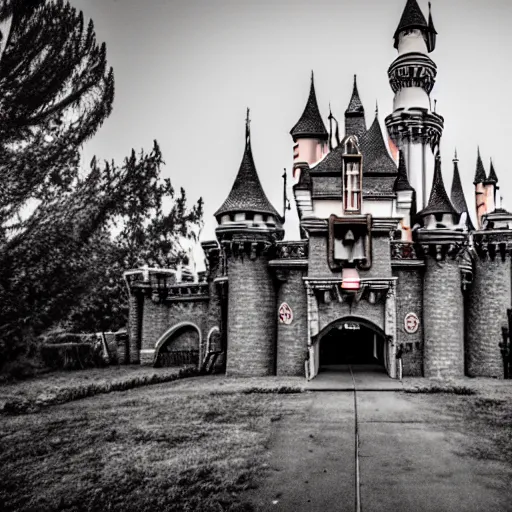 Prompt: Abandoned disneyland castle, with cobwebs and cracks, urban exploration, decaying, 24mm f/3.5