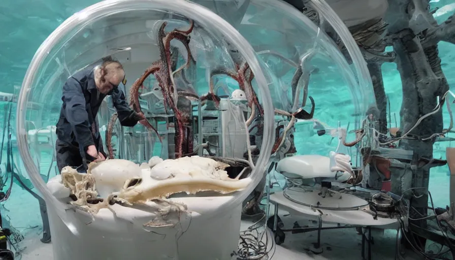 Image similar to Big budget horror movie set in an undersea biolab about a cyborg doing an autopsy on a giant squid's skull