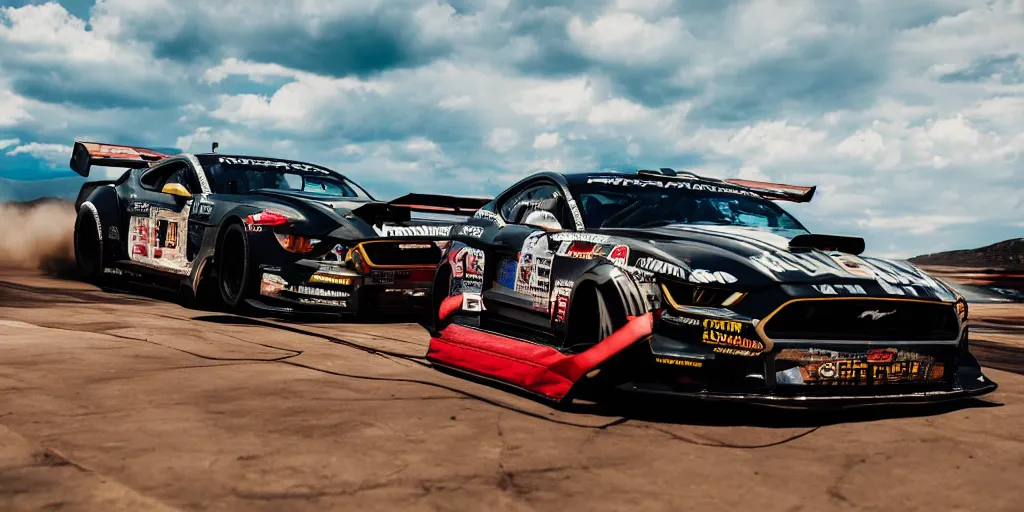 Prompt: A wide angle photograph of the hoonicorn mustang drifting Pikes Peak by Larry Chen , Canon, hoonigan, cinematic lighting, by Larry Chen, pikes peak, f18, f22, 4k