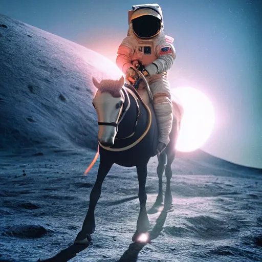 Image similar to astronaut riding a horse on the moon, hyperrealistic masterpiece, trending on artstation, cgsociety, kodakchrome, golden ratio, cinematic, composition, beautiful lighting, hyper detailed, octane render, 4 k, unreal engine