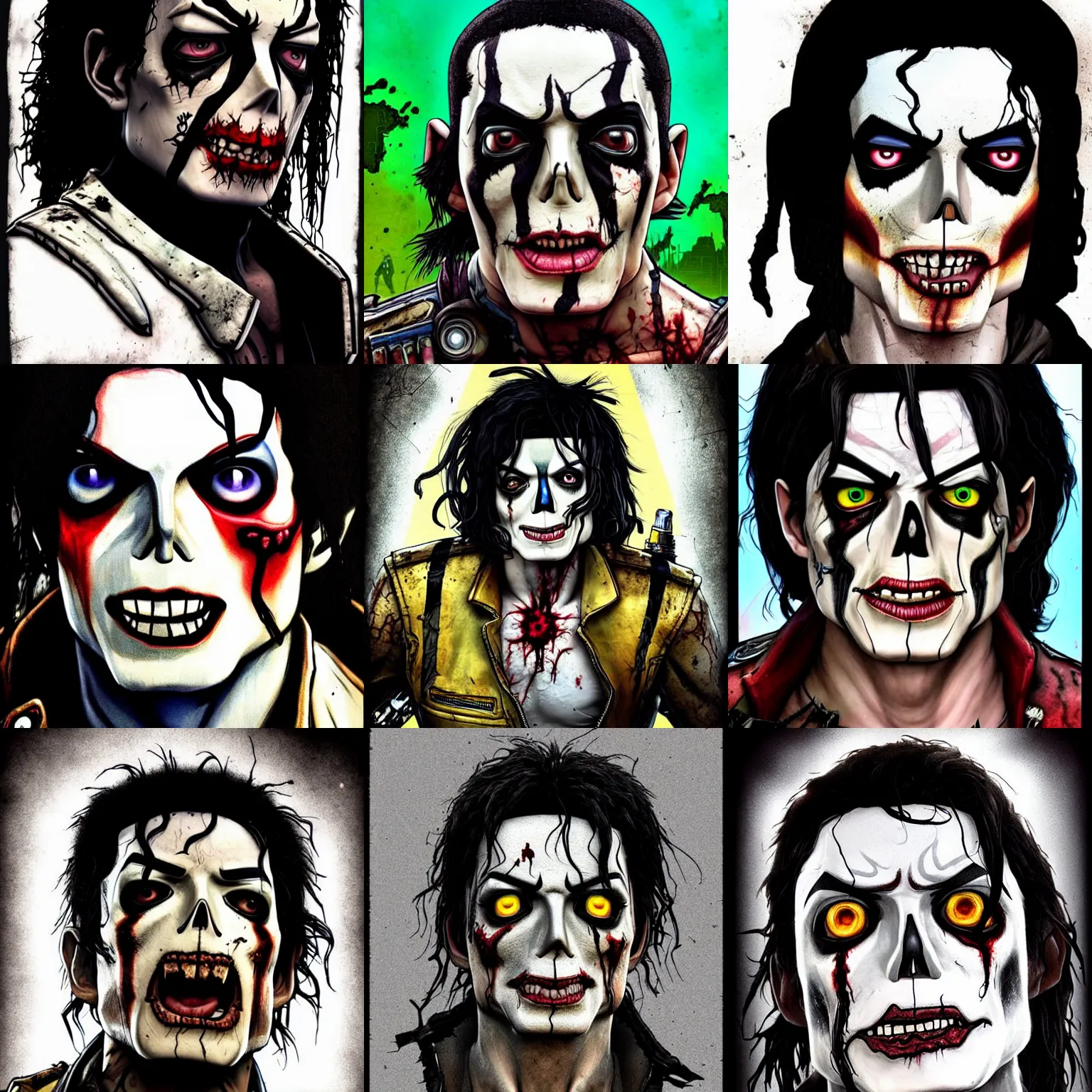 Prompt: borderlands 3!!! very low angle head shot of michael jackson! cell shaded! scary head portrait of half zombie michael jackson! with dark eye sockets crow movie make up, zombie in horror concept art, llustration, postapocalyptic grunge, shocking, concept art by laurie greasley!!, highly detailed, zombie, sharp focus, hq, 4 k