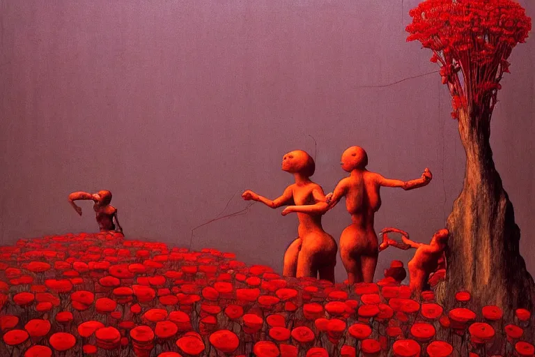 Image similar to only with red, red flowers of different types, red castle in background, red medieval big fat goblins, in the style of beksinski, parts by edward hopper, parts by rodcenko, parts by yue minjun, intricate and epic composition, red by caravaggio, insanely quality, highly detailed, masterpiece, red light, artstation, 4 k