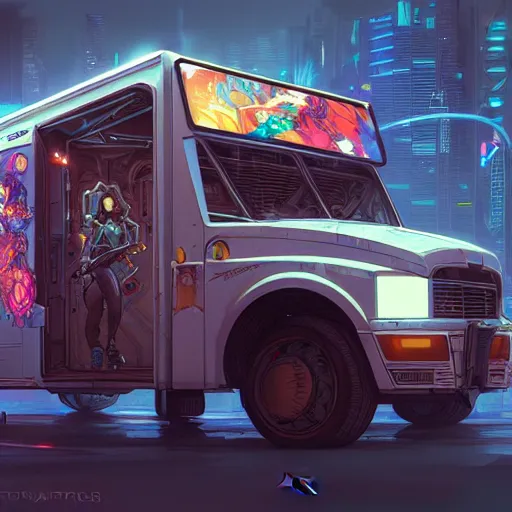 Image similar to a cyberpunk ice cream truck digital painting, intricate, elegant, highly detailed, artstation, concept art, matte, sharp focus, illustration, art by Artgerm and Greg Rutkowski and Alphonse Mucha