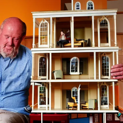 Prompt: A very tall, very strong man sitting on top of a doll house