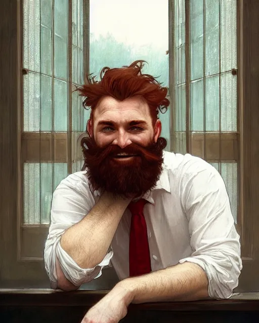 Image similar to attractive red - headed bearded man wearing a white shirt looking out the window expectantly, a smile on his lips, highly detailed, digital painting, artstation, concept art, smooth, sharp focus, illustration, art by artgerm, greg rutkowski, alphonse mucha, j. c. leyendecker