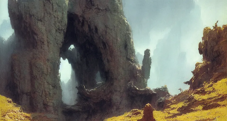 Prompt: unknown depth. a slender bridge of stone that spanned the chasm with one curving spring of fifty feet, rune - carved stone monolith intricate, vivid colors, elegant, highly detailed, john park, frazetta, john howe, ruan jia, jeffrey catherine jones