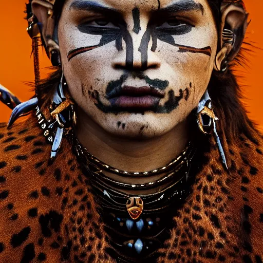 Image similar to portrait of a young jaguar warrior, street pic, depth of field, zeiss lens, detailed, symmetrical, centered, fashion photoshoot, by annie leibovitz and steve mccurry, jim jarmusch, moebius, breathtaking, 8 k resolution, extremely detailed, beautiful, establishing shot, artistic, hyperrealistic, beautiful face, octane render