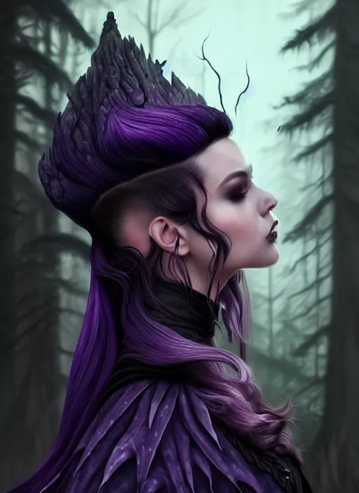 Image similar to side portrait dark witch, adventurer outfit large cloak, fantasy forest landscape, dragon scales, fantasy magic, undercut hairstyle, short purple black fade hair, dark light night, intricate, elegant, sharp focus, illustration, highly detailed, digital painting, concept art, matte, art by wlop and artgerm and ivan shishkin and andrey shishkin, masterpiece