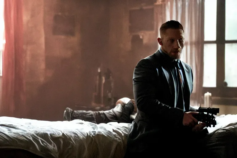 Prompt: film still of Tom Hardy as Max Payne in bedroom with a bed covered in blood in the Max Payne movie, 4k