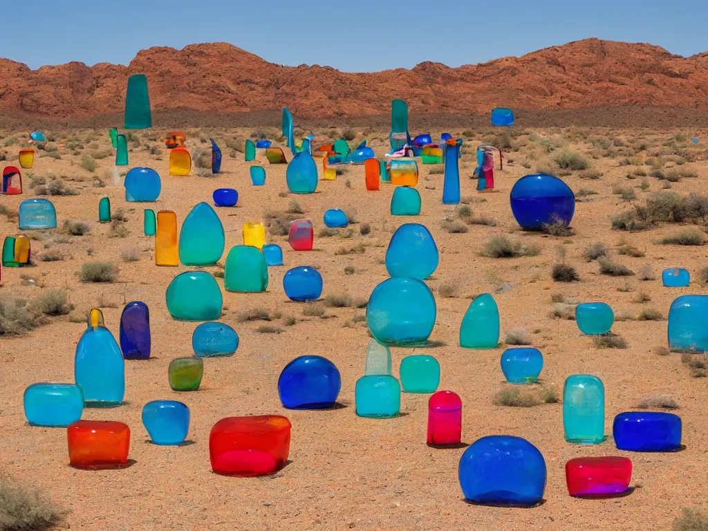 Prompt: a serene landscape of giatn, abstract, brightly - colored glass sculptures in the desert