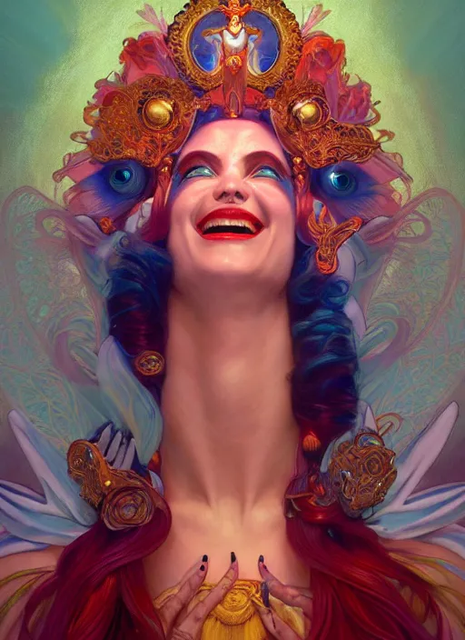 Image similar to the goddess hera laughing maniacally, paper tunic, glowing eyes, volumetric lights, red and cyan theme, art nouveau botanicals, intricate, highly detailed, digital painting, artstation, concept art, smooth, sharp focus, cinematic, illustration, art by artgerm and greg rutkowski and alphonse mucha