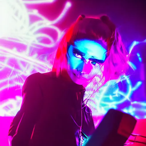 Image similar to grimes on stage djing, volumetric neon lights in the background, gleaming, 3 5 mm photography, portrait!!!!!!, trending on artstation, 4 k, 8 k, zbrush, mannerism