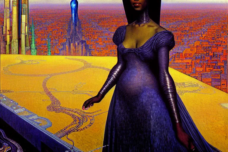 Image similar to realistic extremely detailed closeup portrait painting of a beautiful black woman in a dress with supercomputer robot, city street on background by Jean Delville, Amano, Yves Tanguy, Ilya Repin, Alphonse Mucha, William Holman Hunt, Ernst Haeckel, Edward Robert Hughes, Roger Dean, rich moody colours