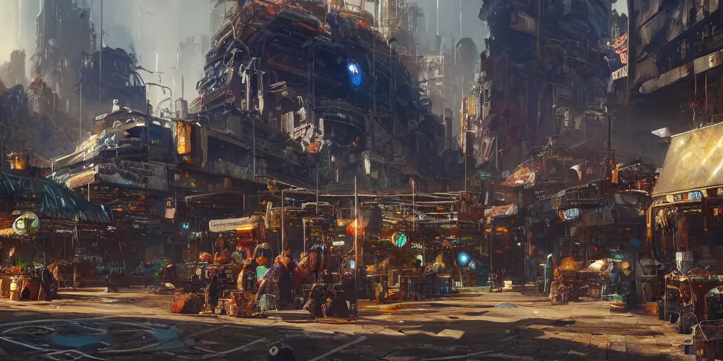 Prompt: screenshot of a vibrant cyberceltic marketplace in a massive makeshift city, dappled light, colossal arcing metal structures high in the sky, beautiful, awe inspiring, fps, by james gurney, greg rutkowski, sparth, cinematography, cinematic masterpiece