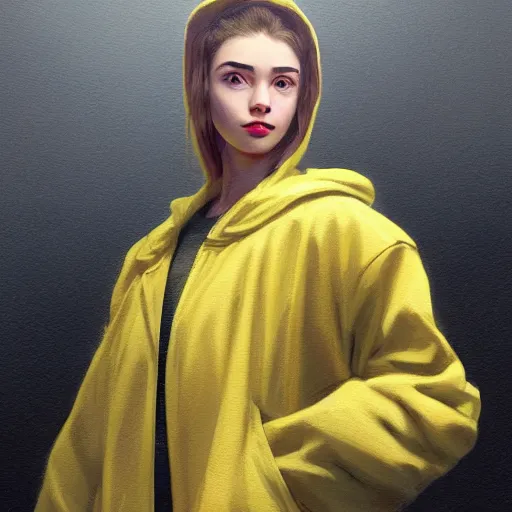 Prompt: a highly detailed epic cinematic concept art CG render digital painting artwork costume design: a teenage girl in a 1950s extremely oversized man's coat and hoodie. muted colors with some yellow accents. By Greg Rutkowski, Ilya Kuvshinov, WLOP, Stanley Artgerm Lau, Ruan Jia and Fenghua Zhong, trending on ArtStation, made in Maya, Blender and Photoshop, octane render, excellent composition, cinematic atmosphere, dynamic dramatic cinematic lighting, aesthetic, very inspirational, arthouse