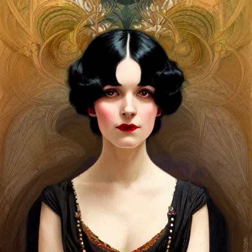 Prompt: a portrait of a woman with black hair, dressed in 1920's fashion, D&D, fantasy, intricate, elegant, highly detailed, digital painting, artstation, concept art, matte, sharp focus, illustration, art by Artgerm and Greg Rutkowski and Alphonse Mucha