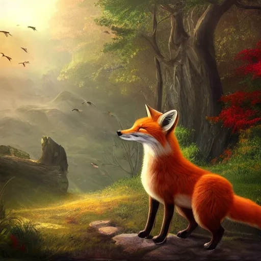 Prompt: a girl meeting a fox on a fantasy landscape, 4K, high details, fantasy